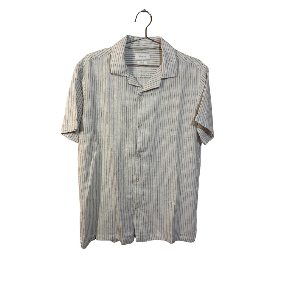 Porter & Ash Shirt Men Medium Beige Striped Linen Blend Coastal Camp Collar